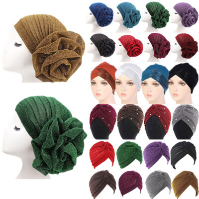 Pleated Glitter Turban Headwrap For Women - Stretchy Slip-On Cap, Purple (Fits 21-23" Head)