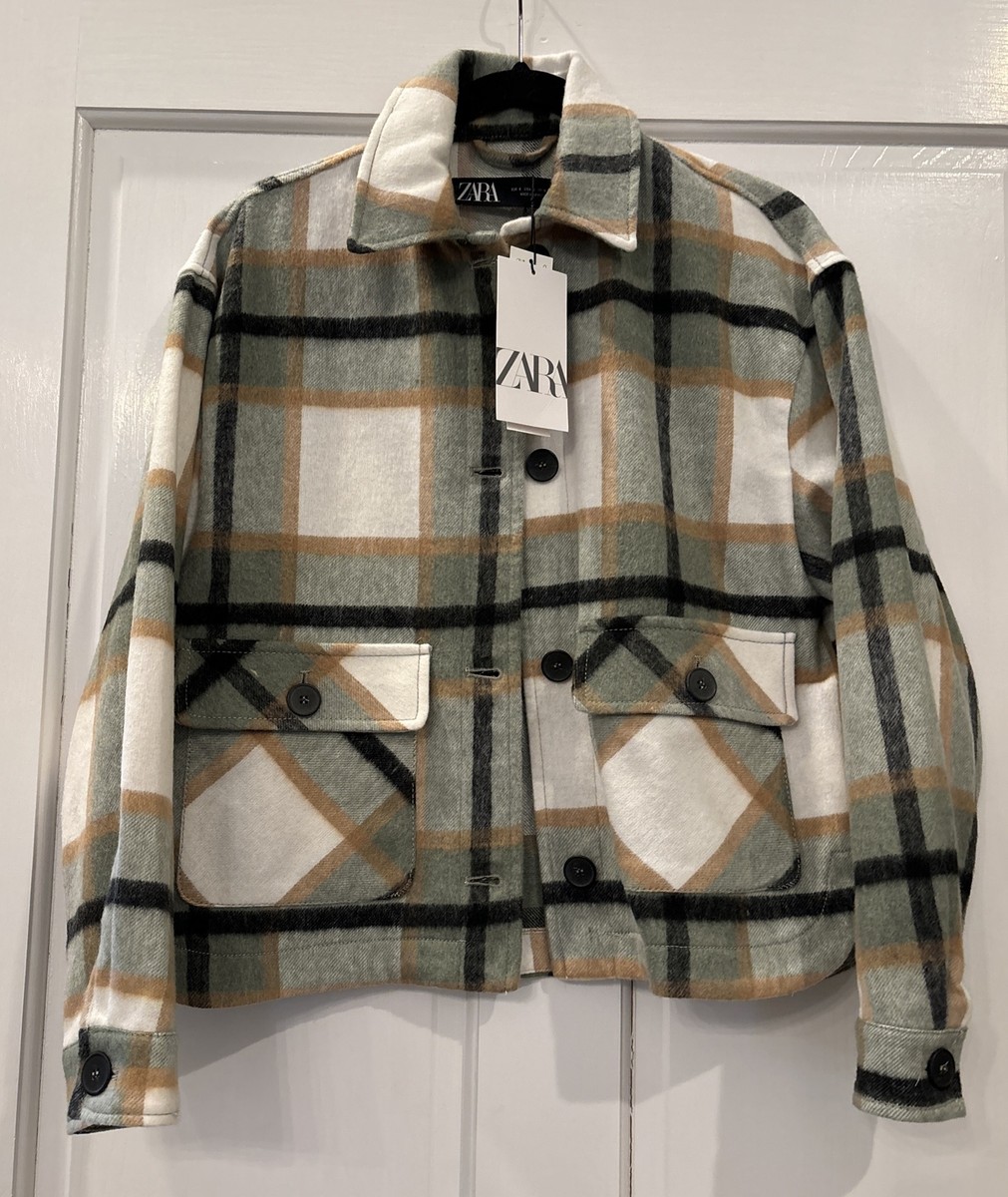 ZARA CHECK OVERSHIRT WITH PATCH POCKETS - NWT - ECRU GREEN 8679