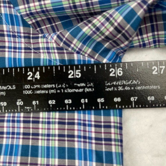 Eton Shirt Mens 43 17 Blue Purple Green Plaid Button Down York 100% Cotton