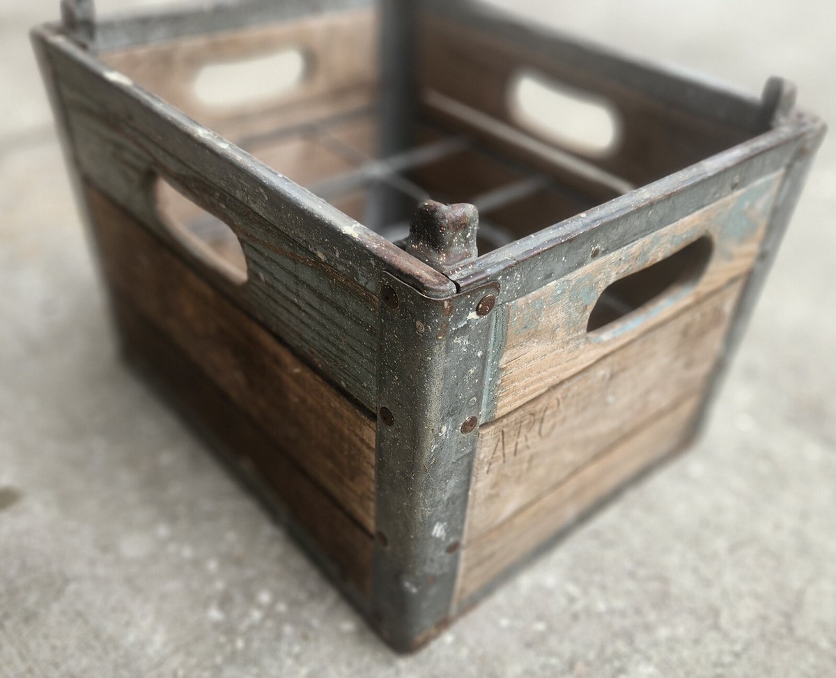 Arcade Farms Honeywell Wood & Steel Milk Man Creamery Bottle Crate