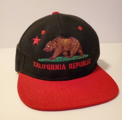 California Republic Hat Cap Red & Black Embroidered  Bear Strap Back Flat Bill