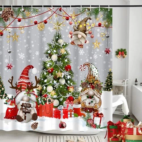 Feliz Navidad Cortinas de Ducha, Árbol de Invierno Plata Copo de Nieve Nieve Navidad Gnomo Foto 3 de 4