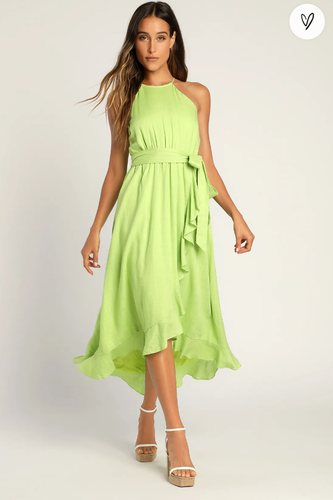 LULUS Lime Green Faux-Wrap Ruffled Midi Dress - Picture 3 of 6