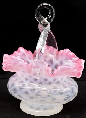 Antique Opalescent Glass Basket Waffle Design Pink Ruffled Edge Loop Handle