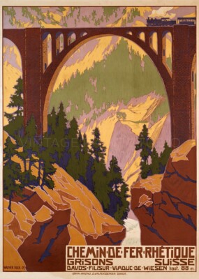 Rhetique Railway 1909 Swiss Travel Art Deco St.Moritz Giclee Canvas Print 14x20