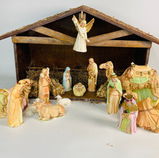 Vtg 15pc Ceramic Nativity Set 5" Figures Wood Stable Hand Painted Manger Creche