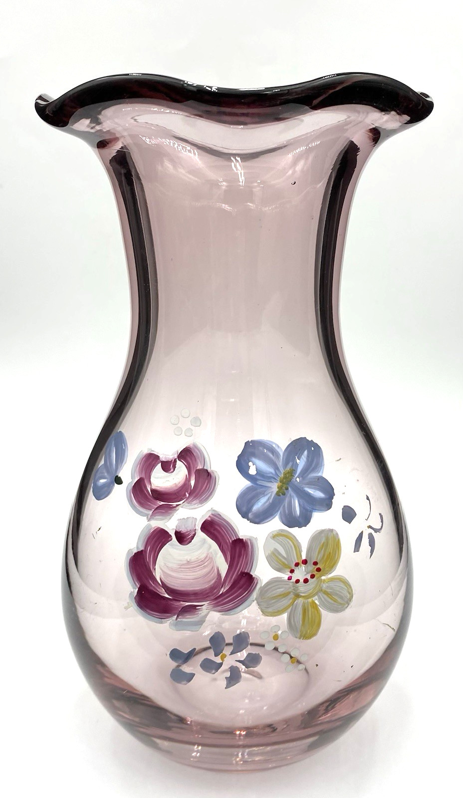 Fenton Ruffled Vase, Amethyst/Purple Scalloped Rim Hand-Painted 8