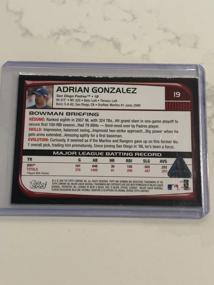 2008 Bowman ADRIAN GONZALEZ Yellow Printing Plate #1/1 Padres Red Sox LA Dodgers - Image 2 of 2
