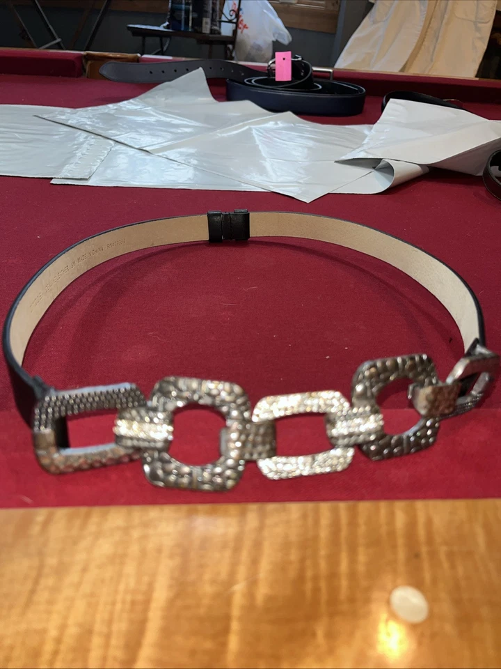 "Cinturón de cadena cuadrada plateada Chico's ENLACE estrás 24-37"" ajustable CUERO NEGRO" Foto 4 de 4