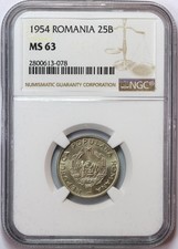 P407, Romania, Peoples Republic, 25 Bani 1954, Bucharest Mint, NGC MS63, Rare!!!