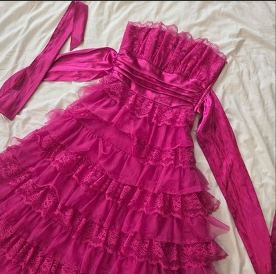 Vintage 80s Hot Pink Tiered Lace Strapless Prom Gown Formal Dress | eBay