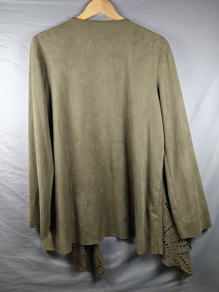 Suéter Alberto Makali Mujer Oliva Imitación Gamuza Cortina Abierta Cárdigan Envolvente Grande Foto 3 de 4