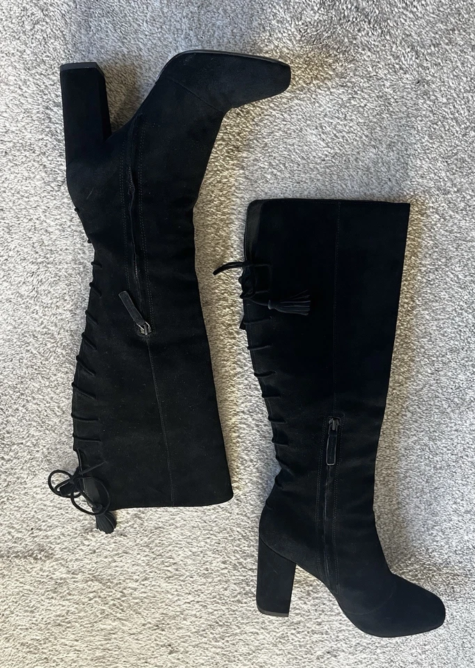 Tacones de gamuza negros Elie Tahari, interior de cuero, cremallera lateral con cordones, talla 7 EU 37,5 Foto 3 de 4