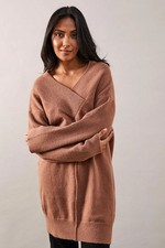 Wallis Damen Tunika Kleid Camel Wickelausschnitt Langarm Freizeit Kurz Zierlich