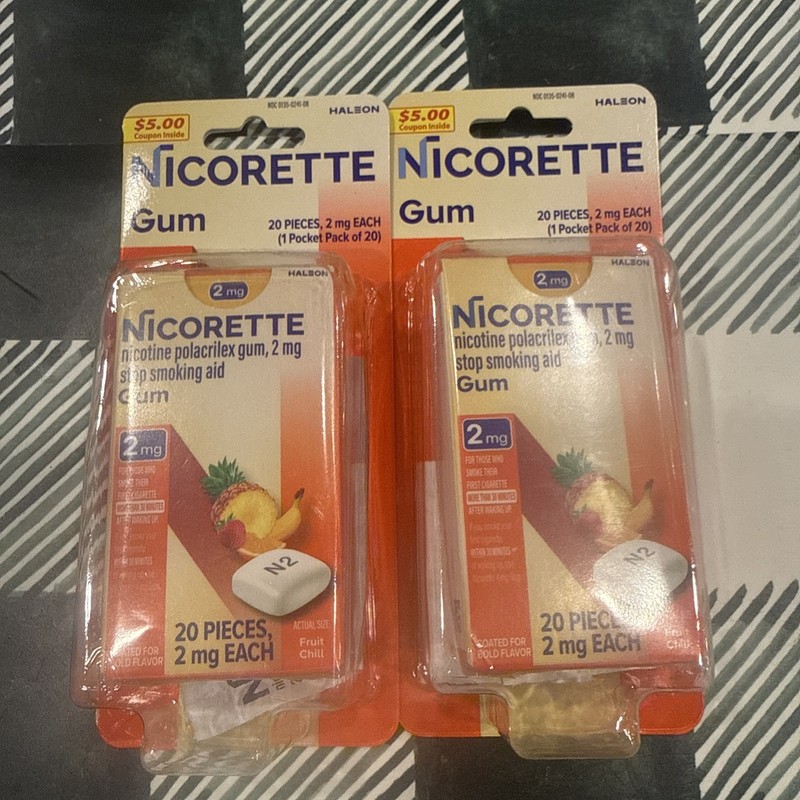 2 packages of Nicorette Gum Fruit Chill - 2MG (20CT), 40 pieces in total