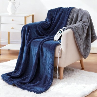 Luxurious Plush Velour Heated Throw   Reversible Gray & Dark Blue, 50'' x 60''