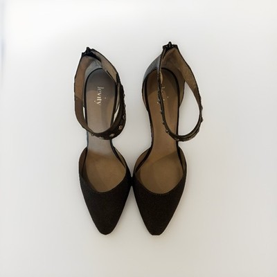 Levity, Black Leather Stilettos With Studded Ankle Strap And Back Zipper, Sz 10M