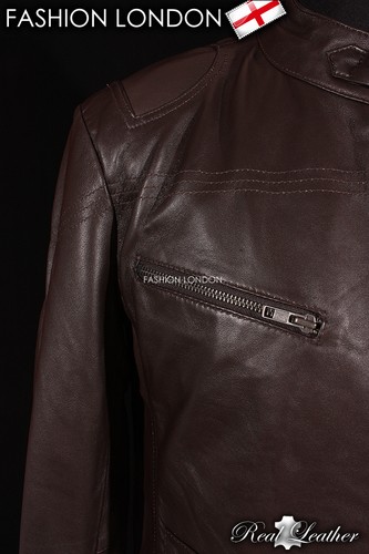 TORQUE Mens Biker Style Leather Jacket Brown Buffalo Leather Slim Fashion Jacket - Picture 7 of 12