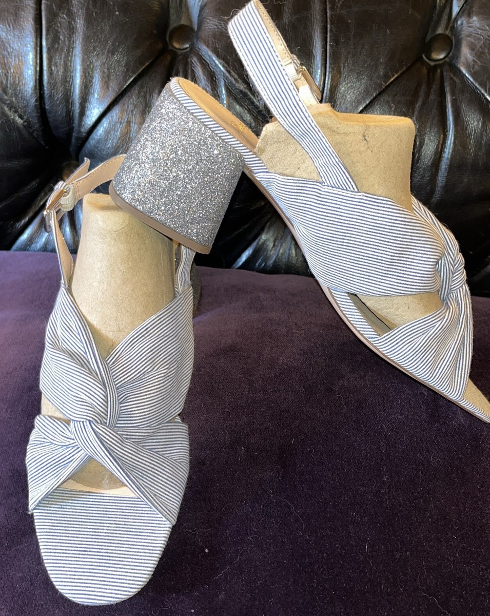 J Crew Striped Stella Glitter Heels Sandals Shoes Blue/White $248