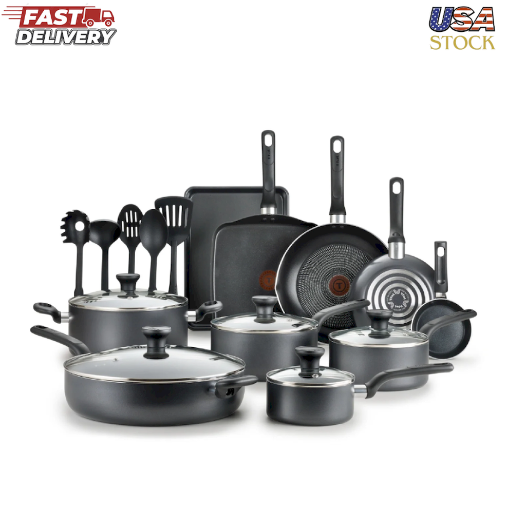T-fal Easy Care, 20 Piece Non-Stick Pots and Pans Cookware Set, Grey