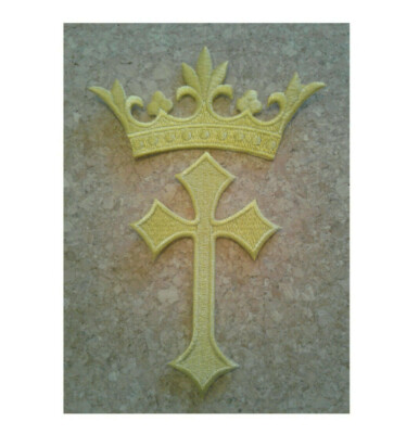 Cross Celtic W/Crown - Gold - Fully Embroidered Iron On Badge Patch - 2PC Set