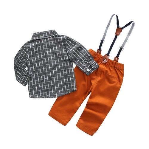 Baby Boy Casual Suit Plaid Long Sleeve Shirt Pants Suspenders 2-Piece Outfit - Picture 2 of 7