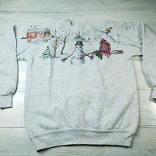 Vintage Womens Snowman Winter Scene Crewneck Sweatshirt SZ Large Grey USA