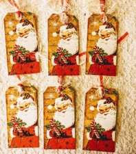 Christmas Vintage Prim Whimsical Santa 6 Gift Hang Tags Parties Scrapbook 425R