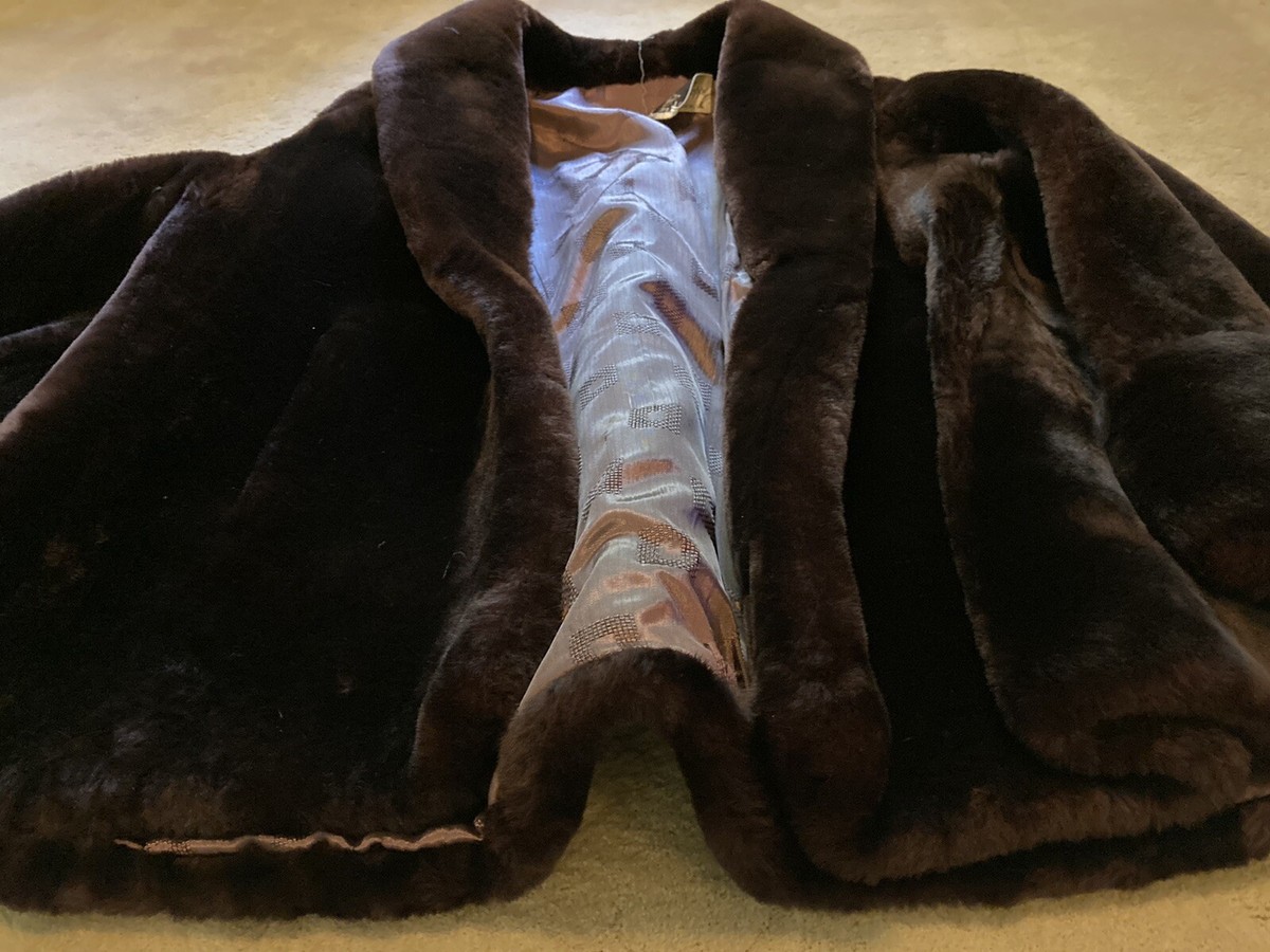 Vintage Heavy Genuine Mouton Lamb Shearling Fur Brown 3/4 Sleeves