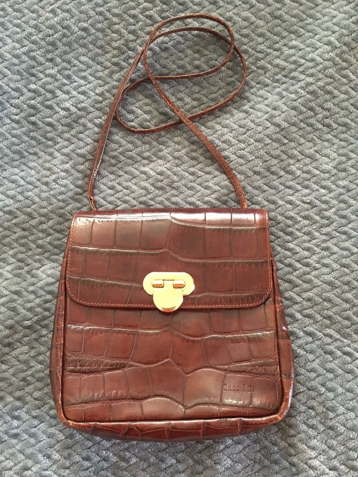 FURLA Vintage Croc Embossed Brown Leather Shoulder Ba… Gem