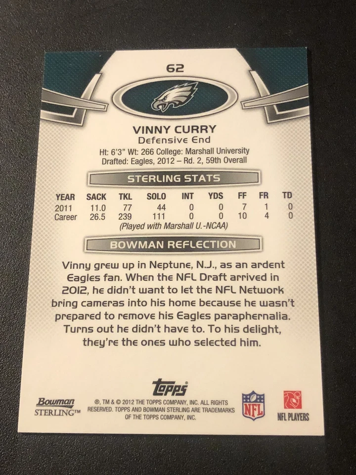 2012 Bowman Sterling Vinny Curry #62 Rookie RC - Image 2 of 2