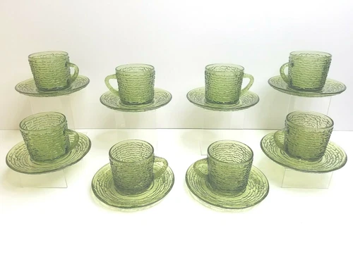 8 Anchor Hocking Soreno Avocado Green Cups Saucers Set Vintage Glassware MCM Lot