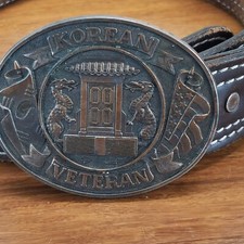 Vintage Korean War Veteran Belt Buckle Size 40 Metal Brass Color With Leather