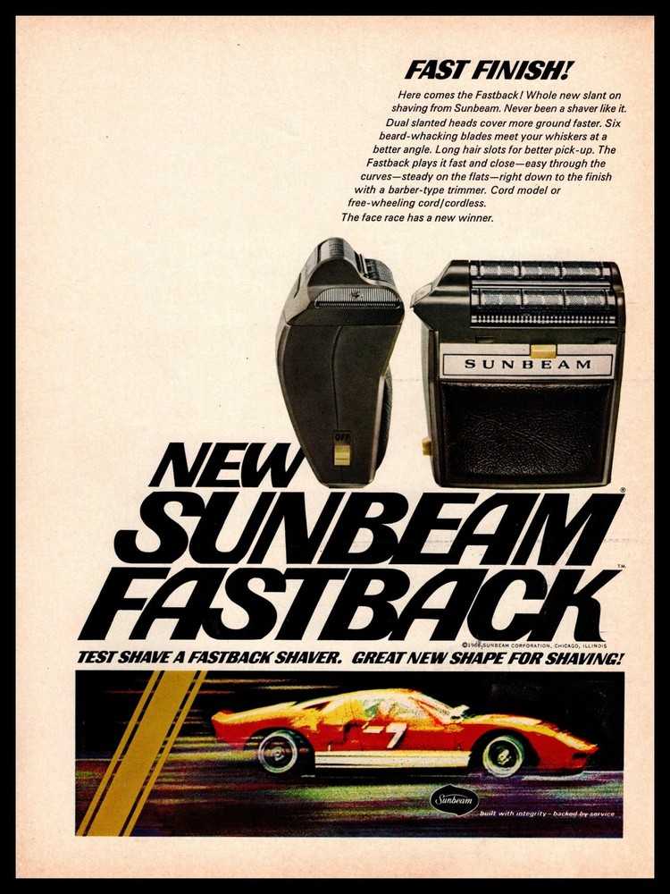 1968 Sunbeam Fastback Electric Shaver Cordless Razor Vintage Race Car Print Ad