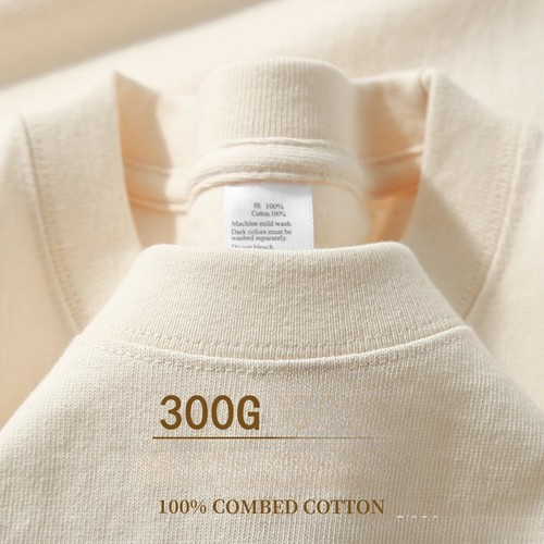 Beige 300gsm Heavyweight Cotton Tshirt | Unisex Loose Fit Basic Tee Summer - Picture 2 of 10