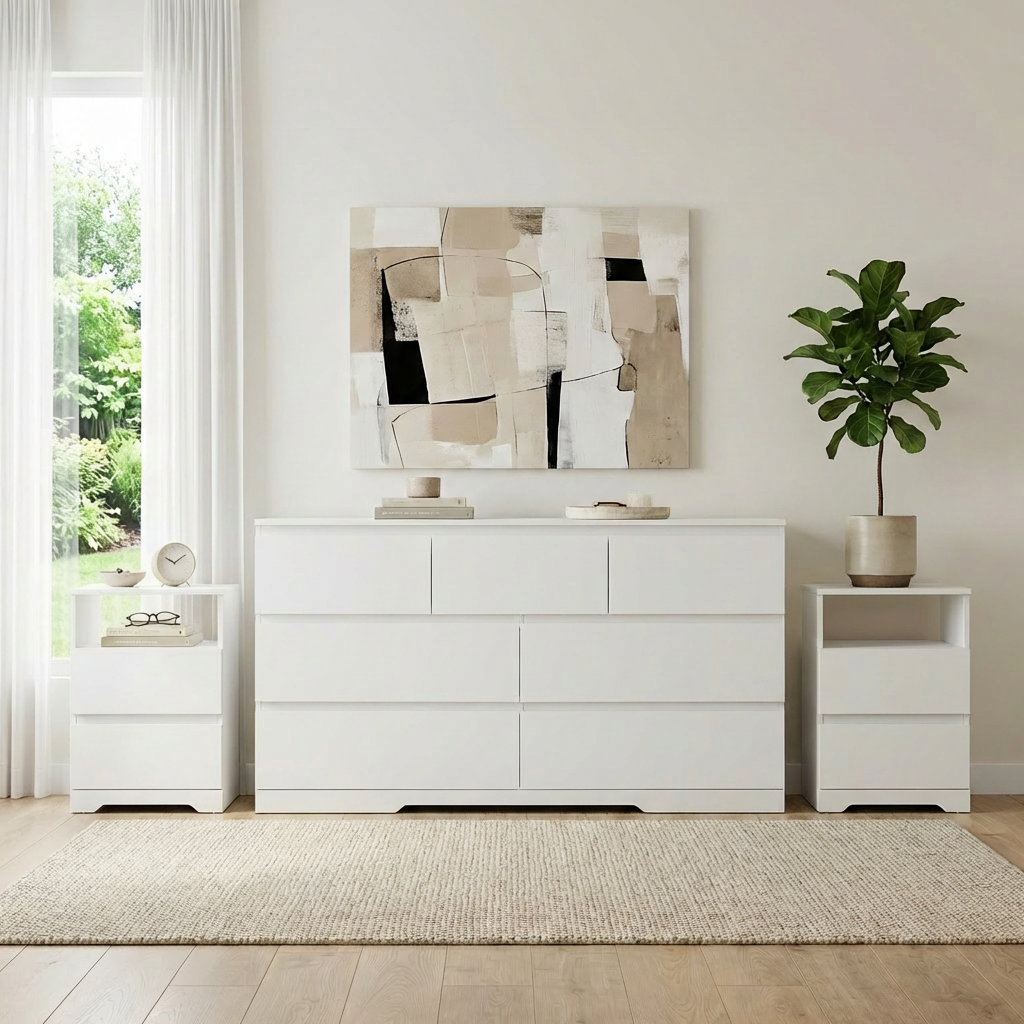 3-Piece Modern Bedroom Furniture Set, 7 Drawer Dresser & Nightstand Sets