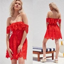Lovers + Friends Mini Dress MEDIUM Dream Vacay Off Shoulder Red Lace Women’s