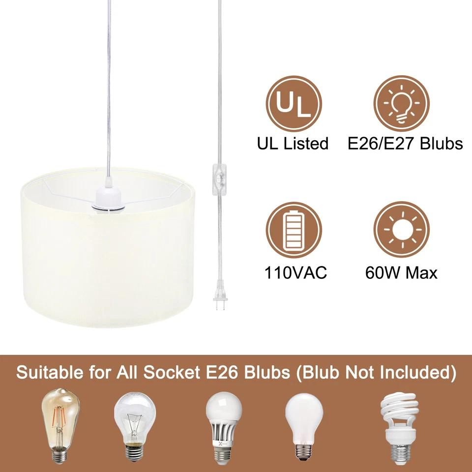 2 Pack Plug in Pendant Light 15Ft Rope Cord Hanging Lamp Fixture Coarse Linen - Image 3 of 4