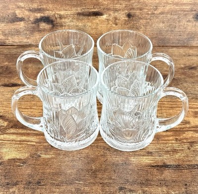 Set of 4 Arcoroc France Clear Glass Mugs with Floral Etched Design, Vintage Look