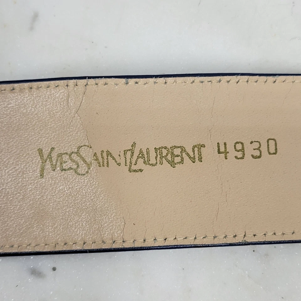 Cinturón ancho de cuero Yves Saint Laurent 4930 azul rectangular hebilla de latón Art Deco Foto 2 de 4