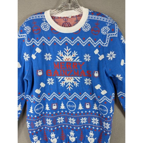 New Gainzbox Ugly Christmas Sweater Merry Gainzmas M Blue