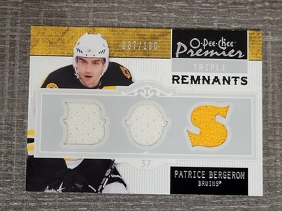 2008 O-Pee-Chee Patrice Bergeron Triple Remnants Game Worn Jersey #PR-PB /100