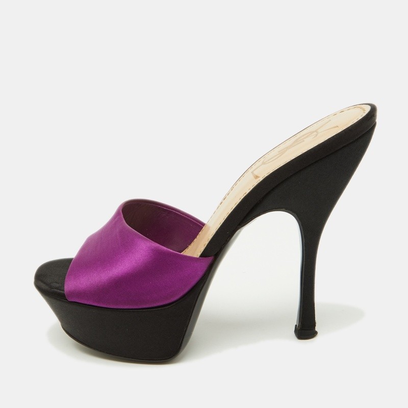 Sandali Yves Saint Laurent viola nero raso plateau slide taglia 35 5