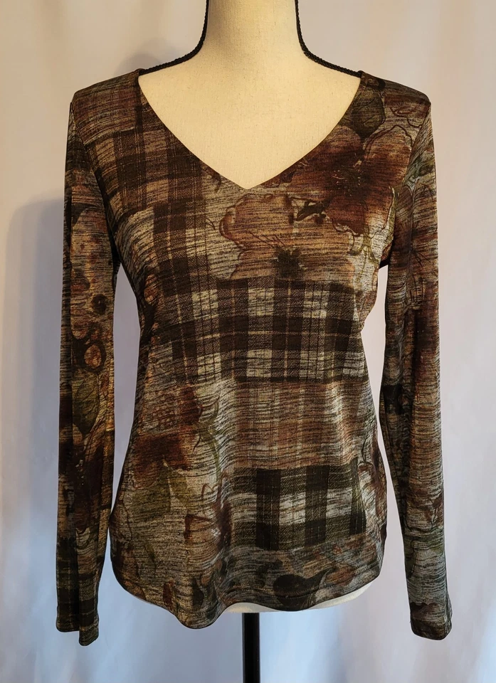 Blusa Vintage Anos 90 Whimsigoth Abstrata Paisley-Xadrez Manga Longa Decote V M Artística - Imagem 4 de 4