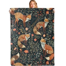Elegant Fox and Floral Throw Blanket50x60inSoftLightweight FlannelWoodland Na
