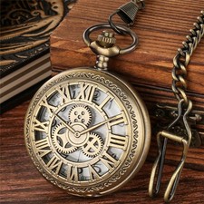 Retro Gear Roman Number Cover Hollow Quartz Pocket Watch for Men Pendant Chain