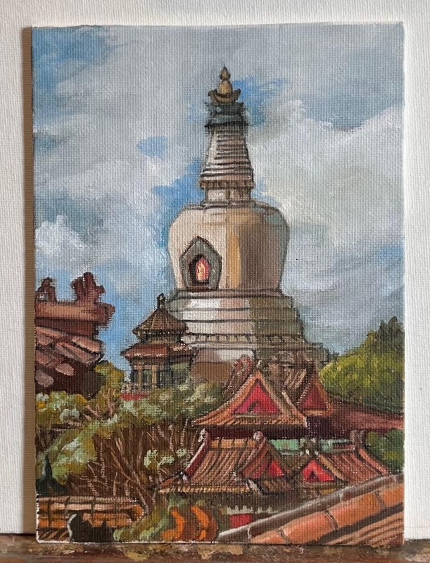 Majestic Spire Over Clamouring Pagodas Contemporary Original Oil Canvas 7x5