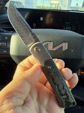Reate Knives Tribute 2.76" Damasteel Blade Modded Bolsters Green FatCarbon Knife