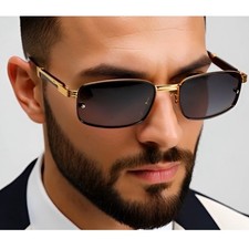 Rimless Rectangle Sunglasses Gold Frame Wood Arms Vintage Style Fashion Lentes