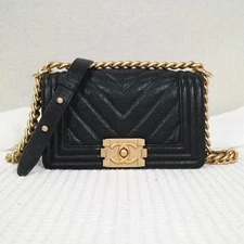 CHANEL Small Boy V Stitch Chevron Shoulder Chain Bag Black Calfskin